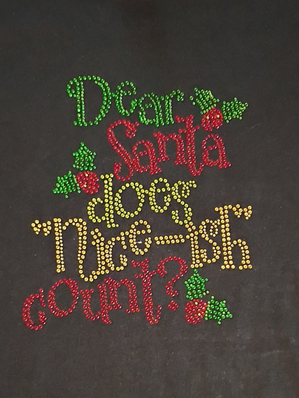Gildan Black Tee with Red, Green & Gold Rhinestone Holiday Text